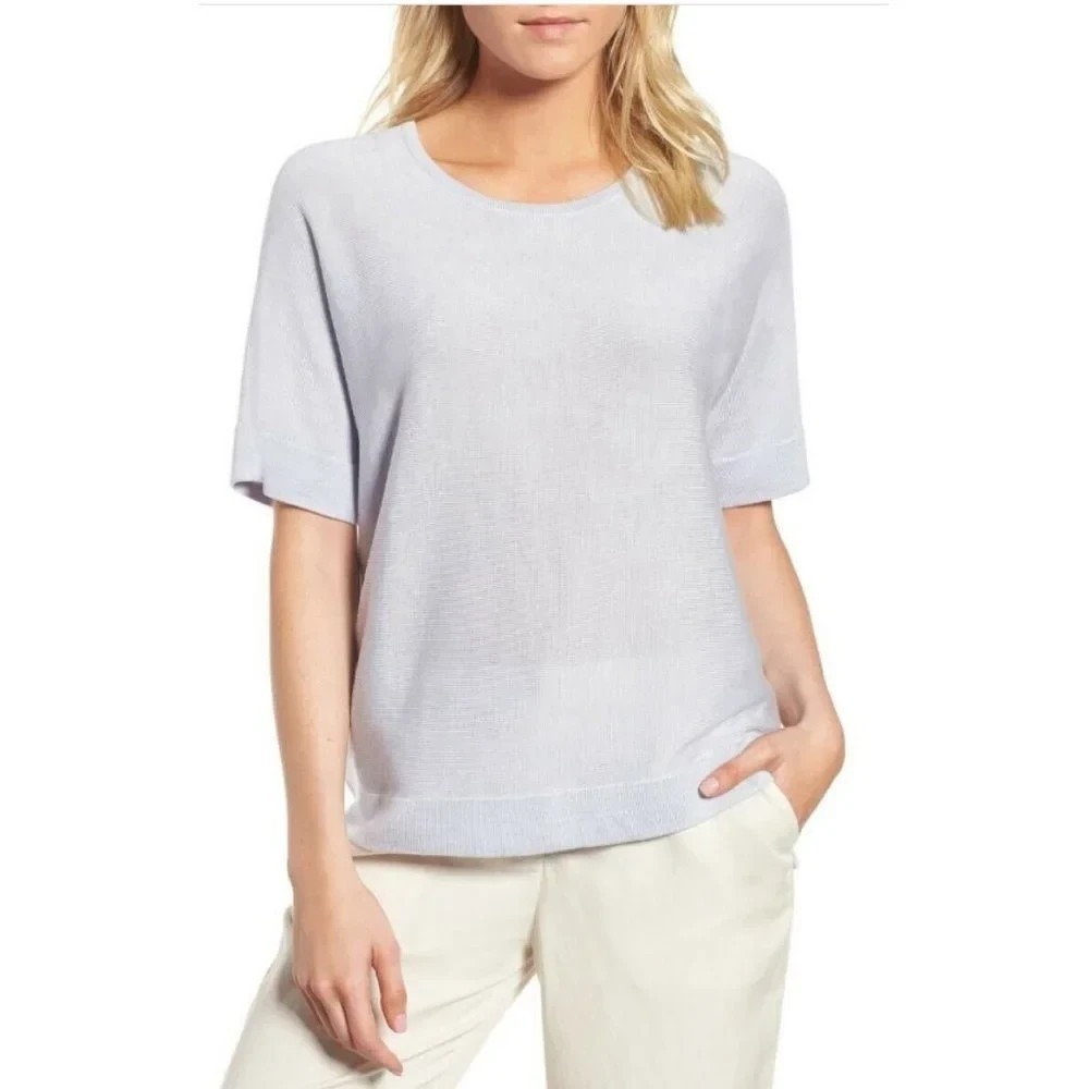 Eileen Fisher Top Sweater Knit High Low Elbow Sleeve Silk Blend